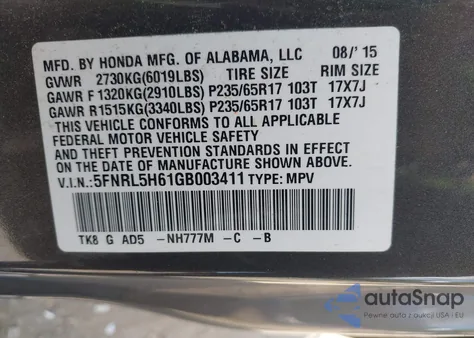 2016 Honda Odyssey Ex-L z USA, uszkodzony, nr VIN 5FNRL5H61GB003411